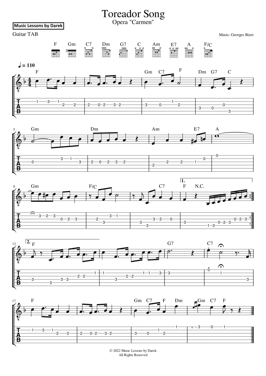 Toreador Song / March of the Toreadors (GUITAR TAB) Opera 