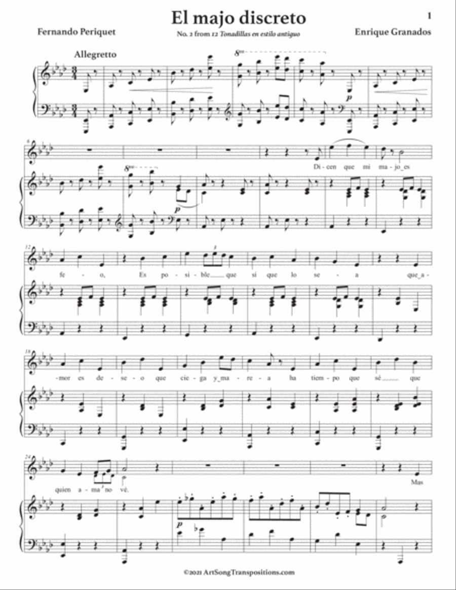 GRANADOS: El majo discreto (transposed to A-flat major) Voice scores gallery preview page 2