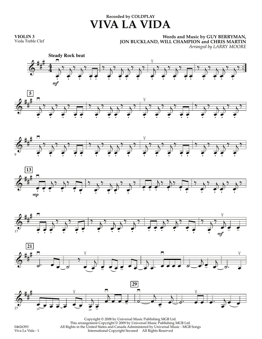 Viva La Vida - Violin 3 (Viola Treble Clef) Orchestra scores gallery preview page 1