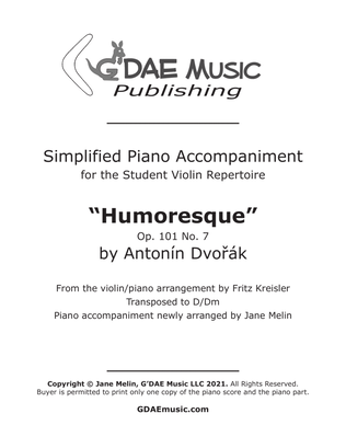 Book cover for Dvorak - Humoresque for Violin and Piano - Simplified Piano Accompaniment in D/Dm