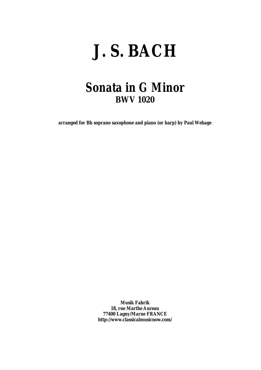 J. S. Bach: Sonata in g minor, bwv 1020, arranged for soprano saxophone and piano or harp Small Ensemble scores gallery preview page 1