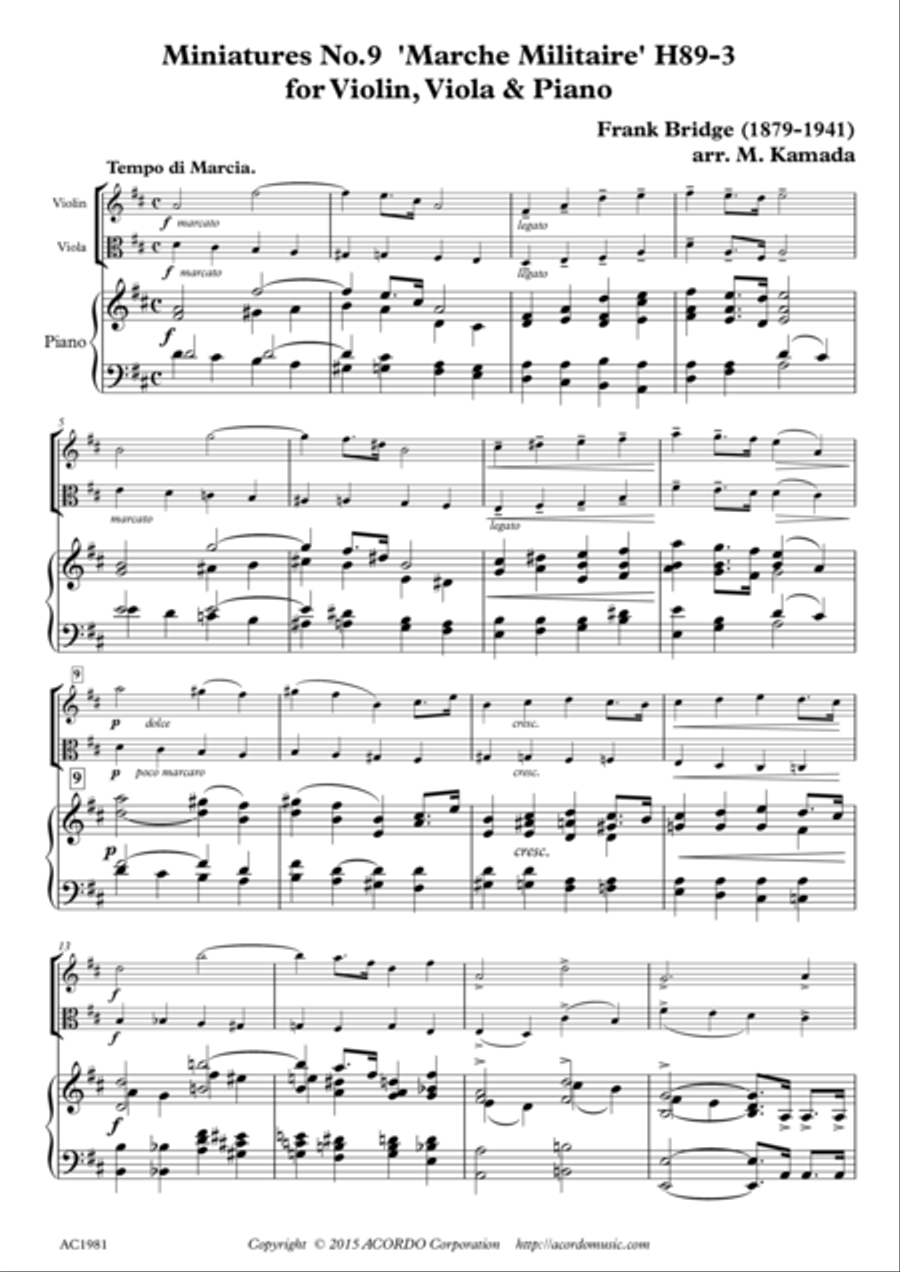 Miniatures, No.9 Marche Militaire, H.89-3 for Violin, Viola & Piano Piano Trio scores gallery preview page 1