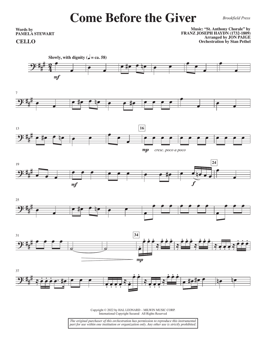 Come Before the Giver (arr. Jon Paige) - Cello