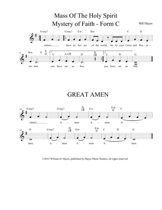 Mystery of Faith Form C (Save Us, Savior....) and Great Amen (Mass of the Holy Spirit) leadsheet