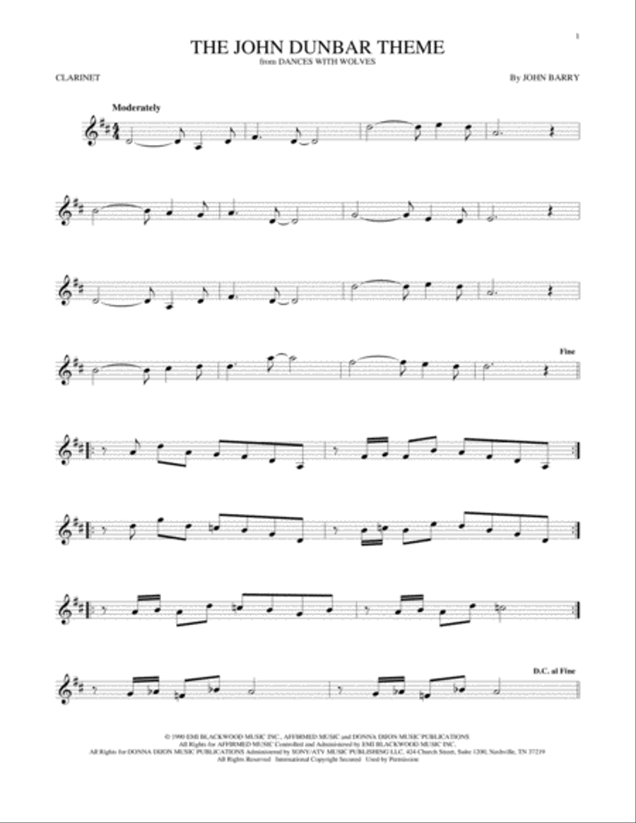 The John Dunbar Theme Clarinet Solo scores gallery preview page 1