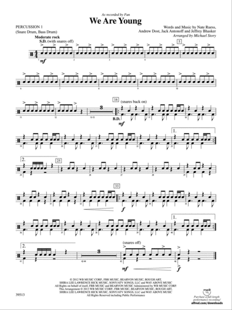 We Are Young: 1st Percussion Concert Band scores gallery preview page 1