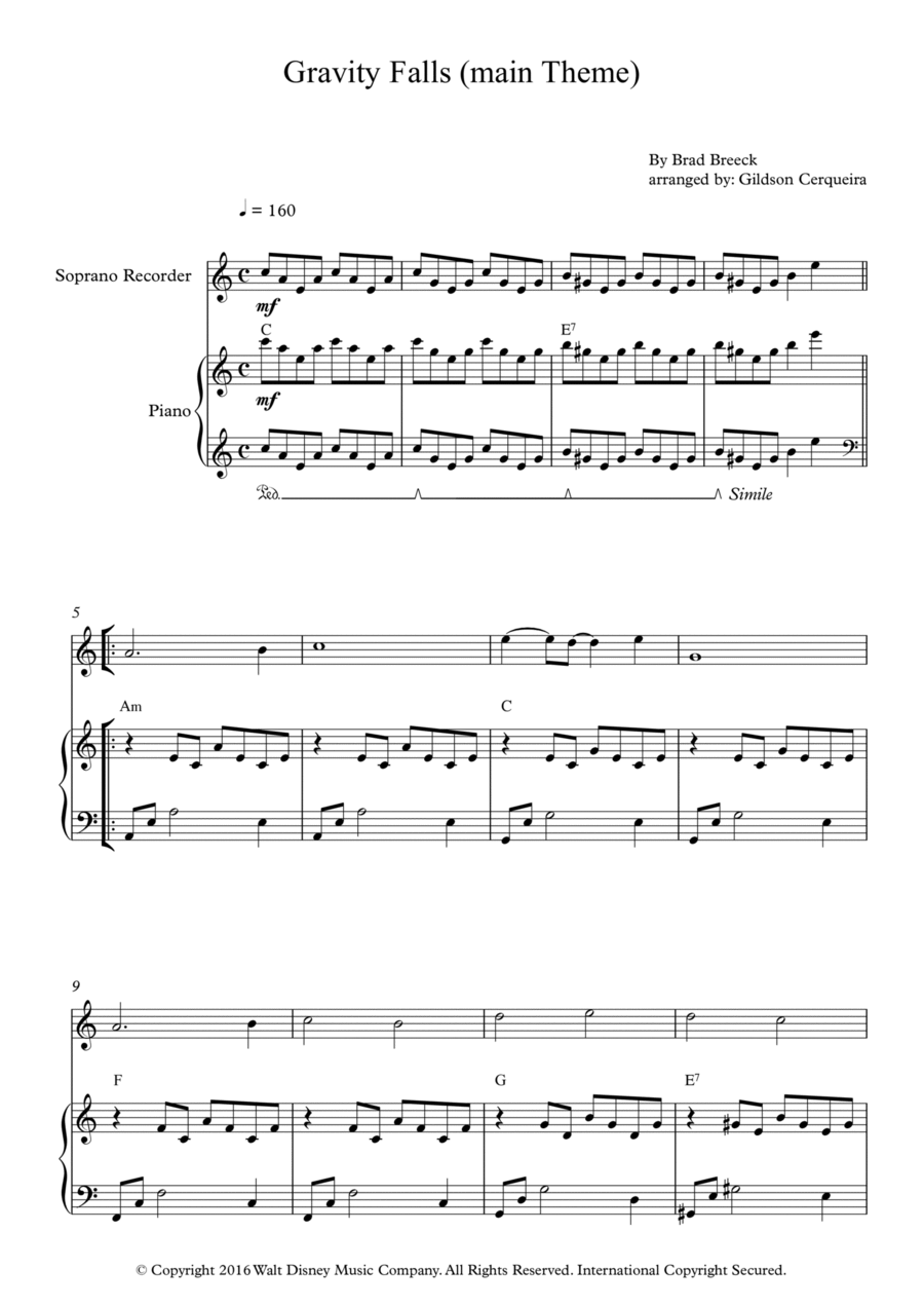 Gravity Falls (main Theme) Soprano Recorder scores gallery preview page 1