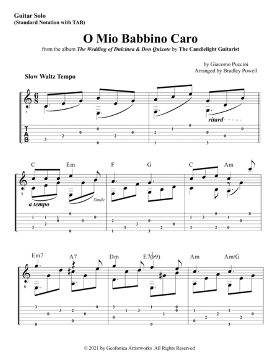 O Mio Babbino Caro (guitar solo in standard notation with TAB)
