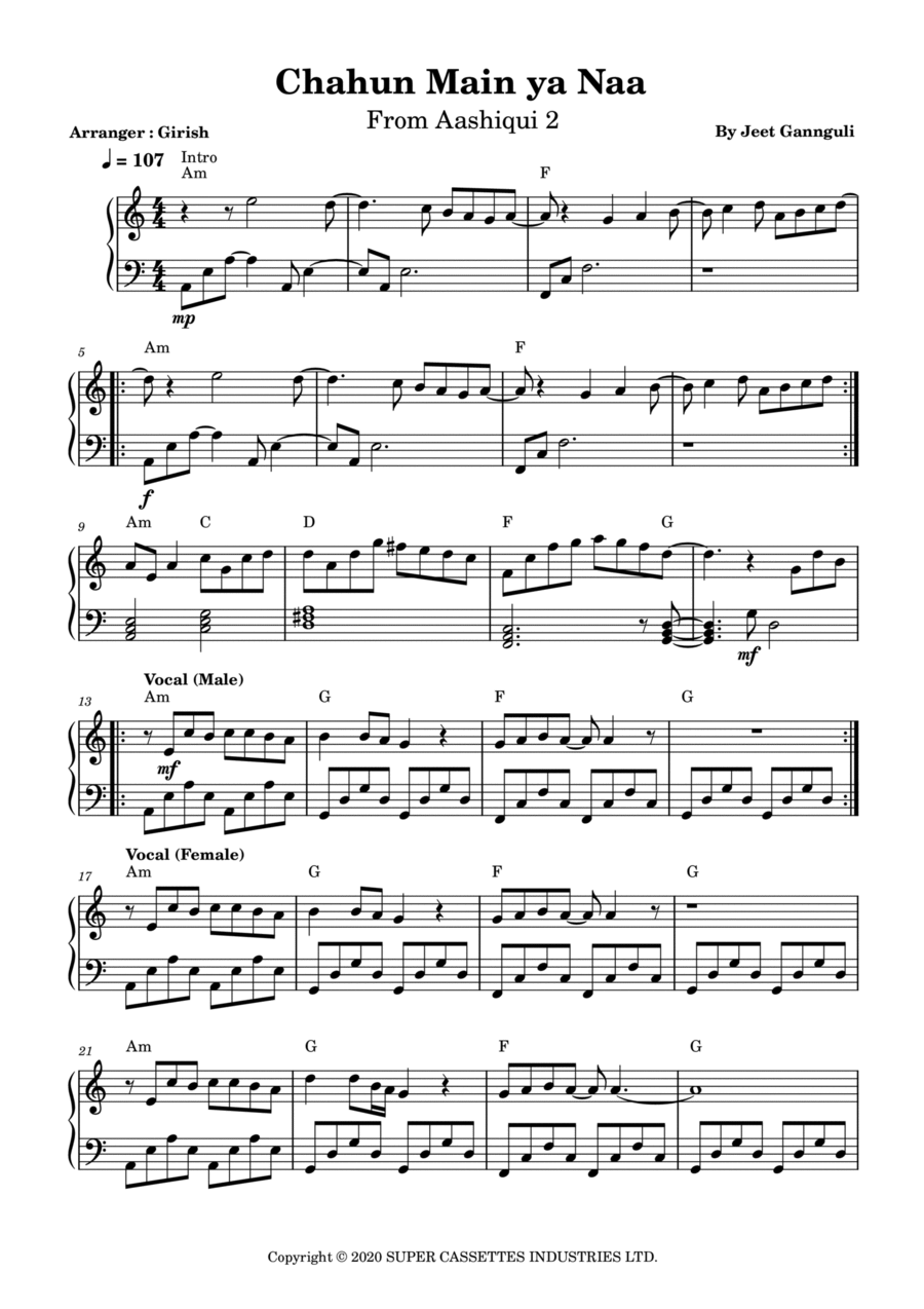 Chahun Main Ya Naa Easy Piano scores gallery preview page 1