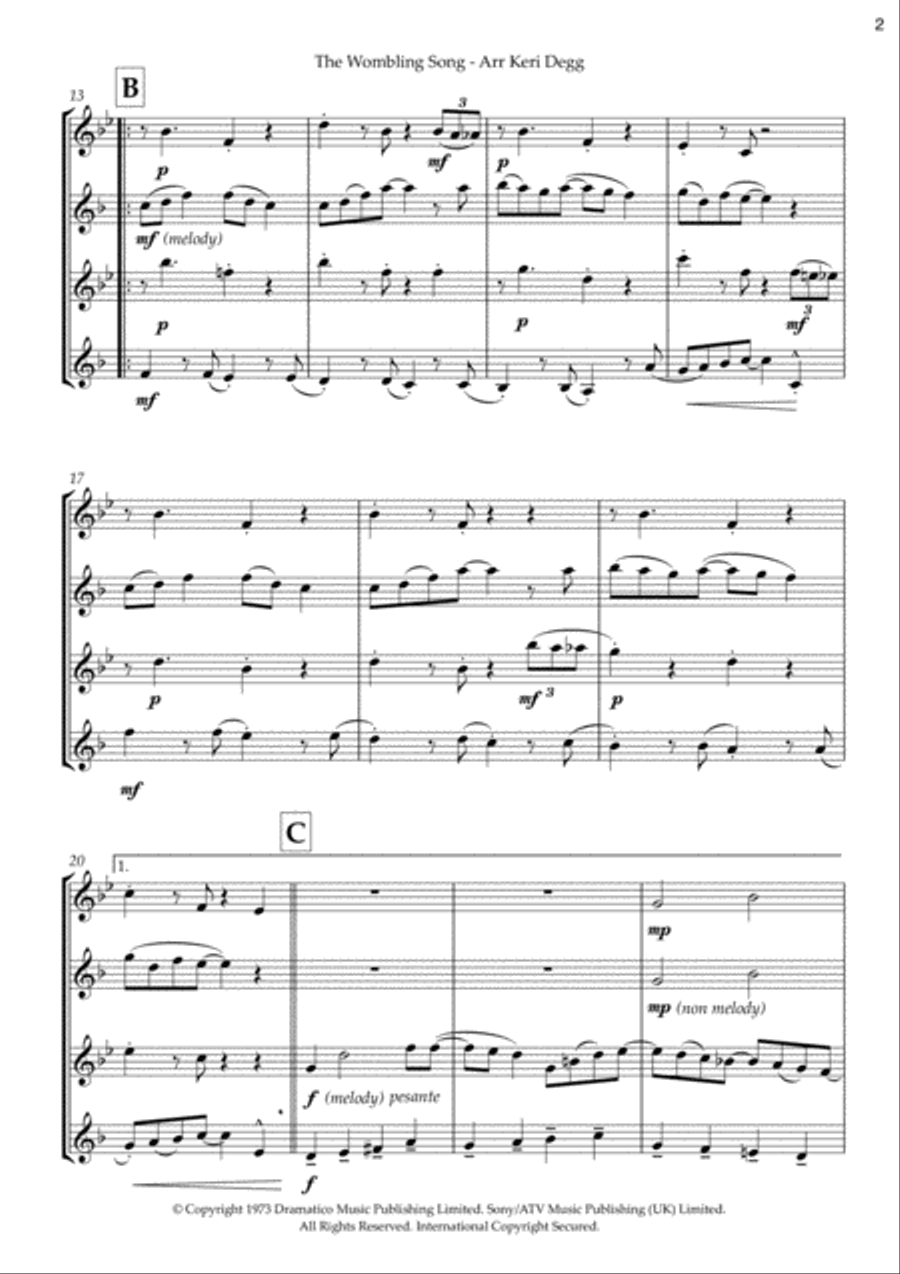 The Wombling Song Saxophone Quartet scores gallery preview page 3