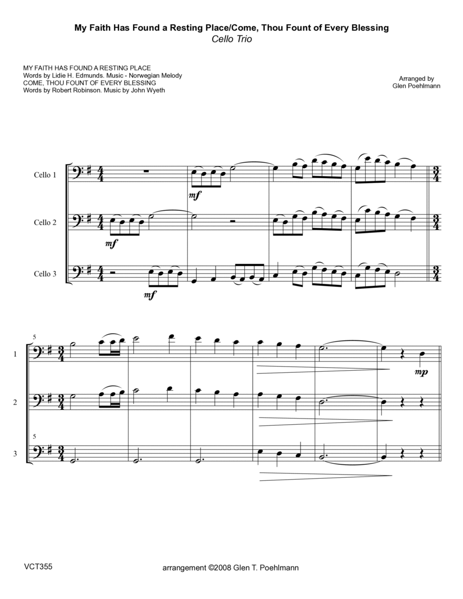 MY FAITH HAS FOUND A RESTING PLACE/COME THOU FOUNT OF EVERY BLESSING - Cello Trio (unaccompanied) String Trio scores gallery preview page 1