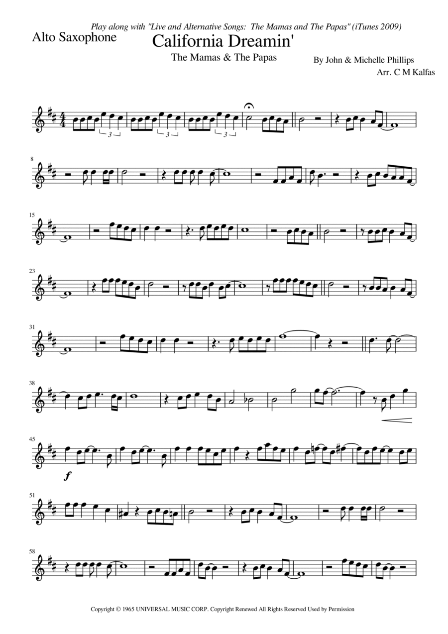 California Dreamin' California Dreamin' Baritone Saxophone scores gallery preview page 1