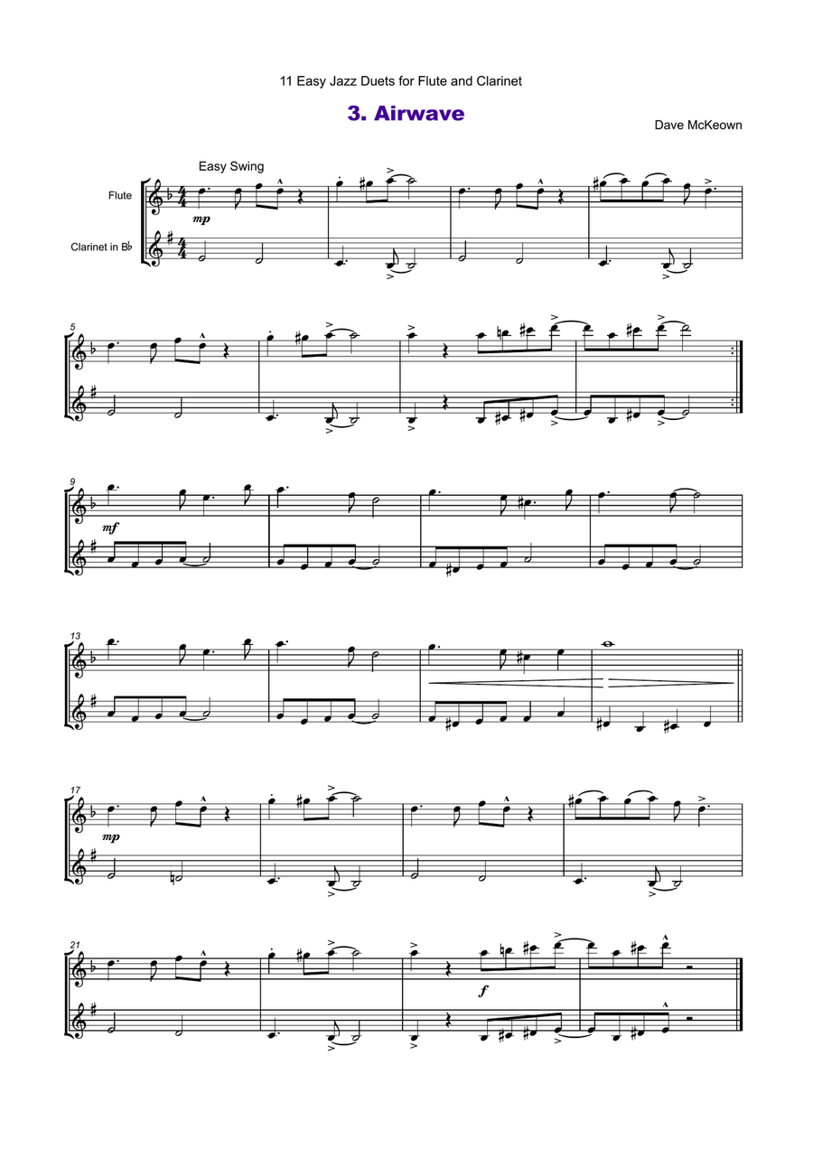 11 Easy Jazz Duets for Flute and Clarinet Woodwind Duet scores gallery preview page 4