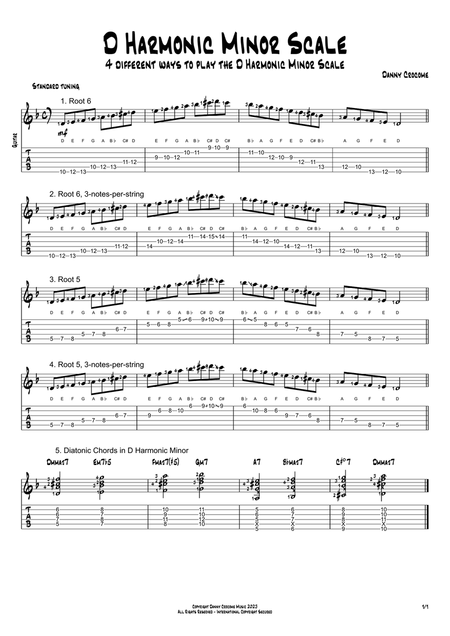D Harmonic Minor Scale (4 Ways to Play) Electric Guitar scores gallery preview page 1