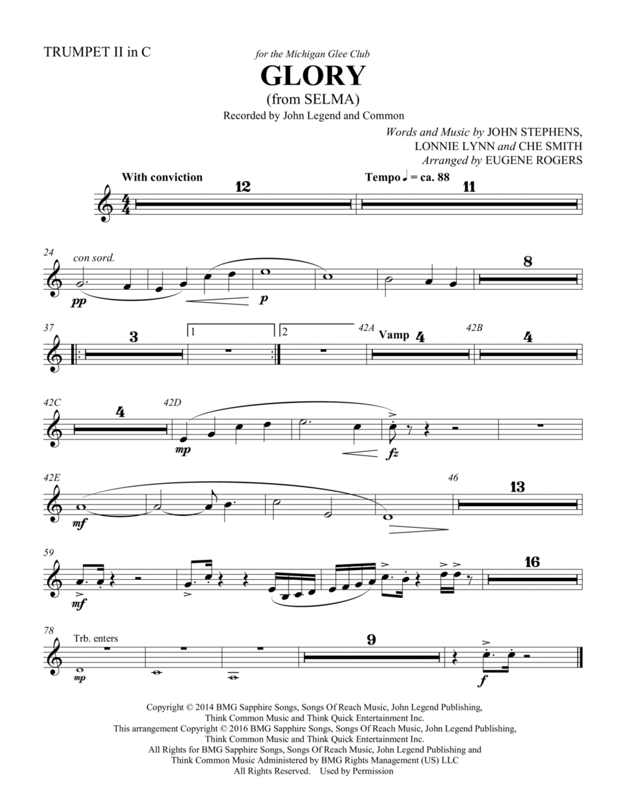 Glory (from Selma) (arr. Eugene Rogers) - Trumpet 2 in C Choir scores gallery preview page 1