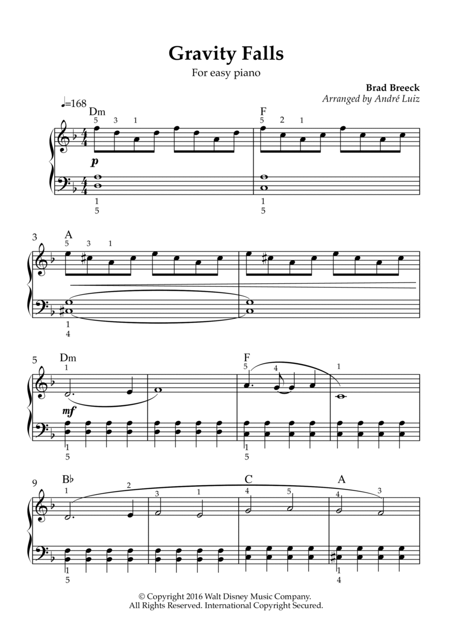 Gravity Falls (main Theme) Easy Piano scores gallery preview page 1
