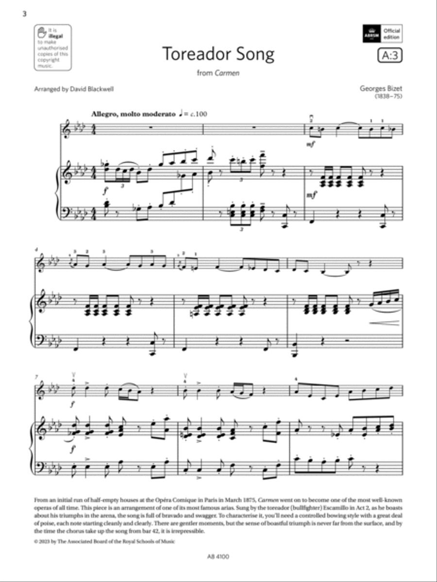 Toreador Song (Grade 6, A3, from the ABRSM Violin Syllabus from 2024) Violin Solo scores gallery preview page 3