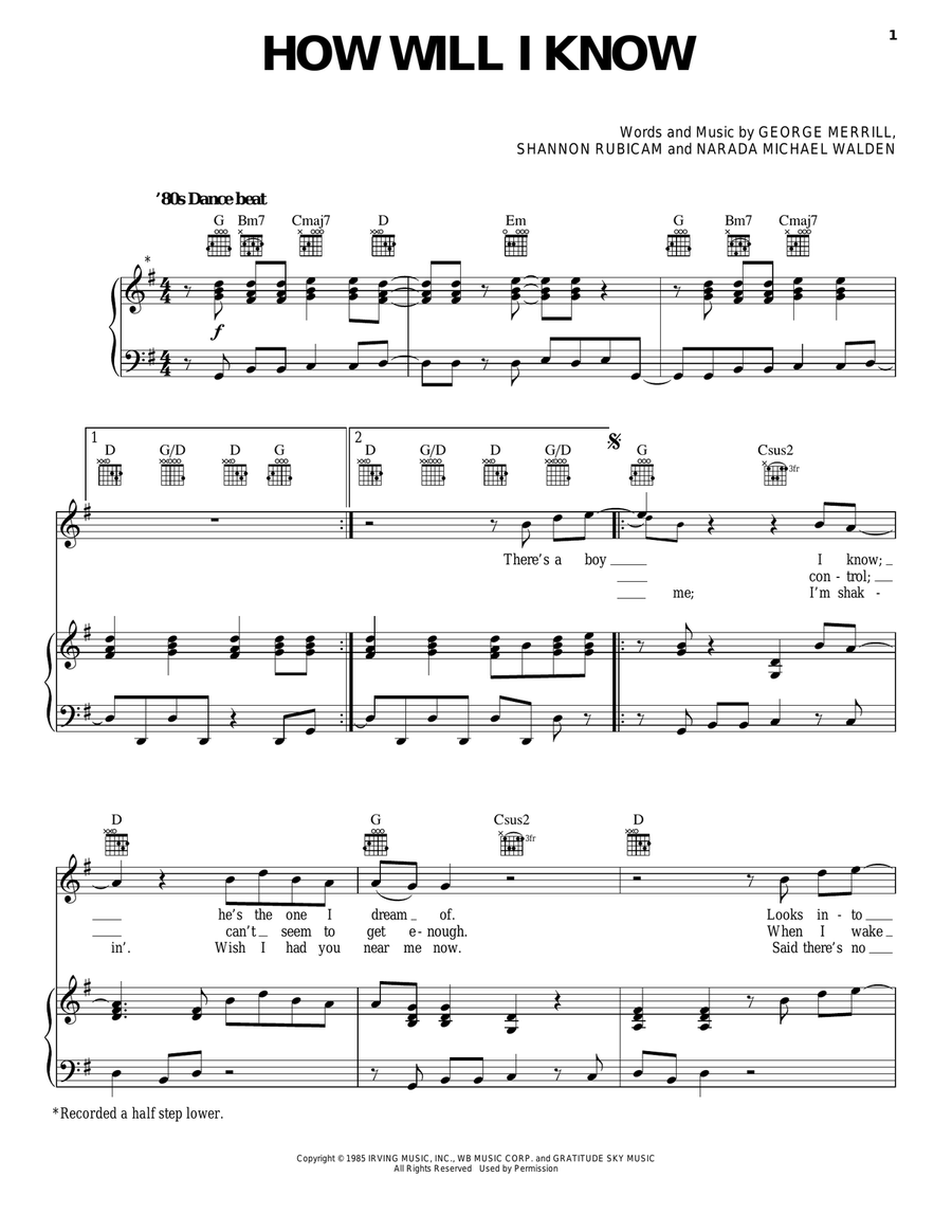 How Will I Know How Will I Know Piano, Vocal, Guitar scores gallery preview page 1