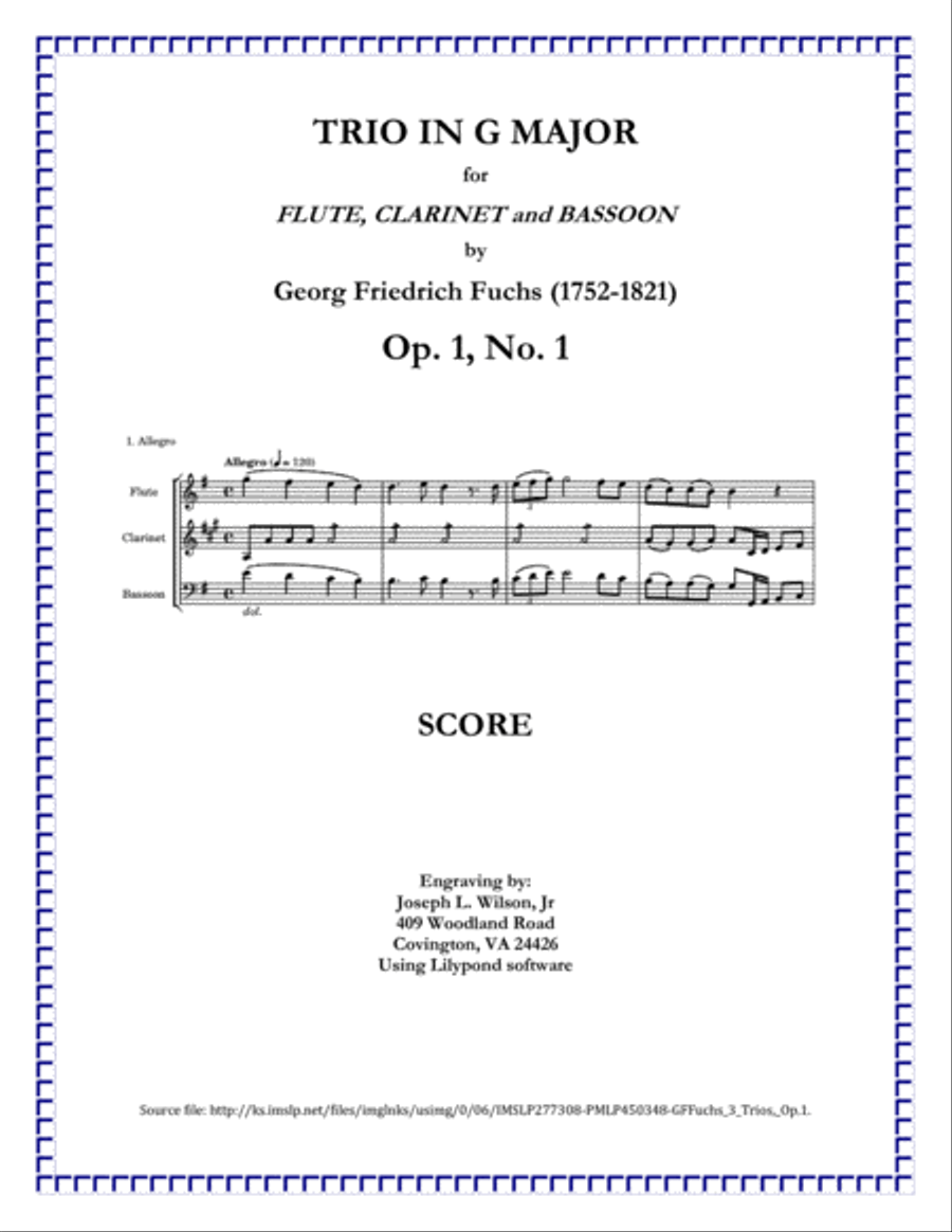 Fuchs Trio in G Major for Flute, Clarinet and Bassoon, Op. 1, No. 1 Woodwind Trio scores gallery preview page 1