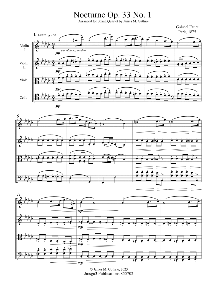 Fauré: Three Nocturnes Op. 33 Complete for String Quartet - Score Only image number null