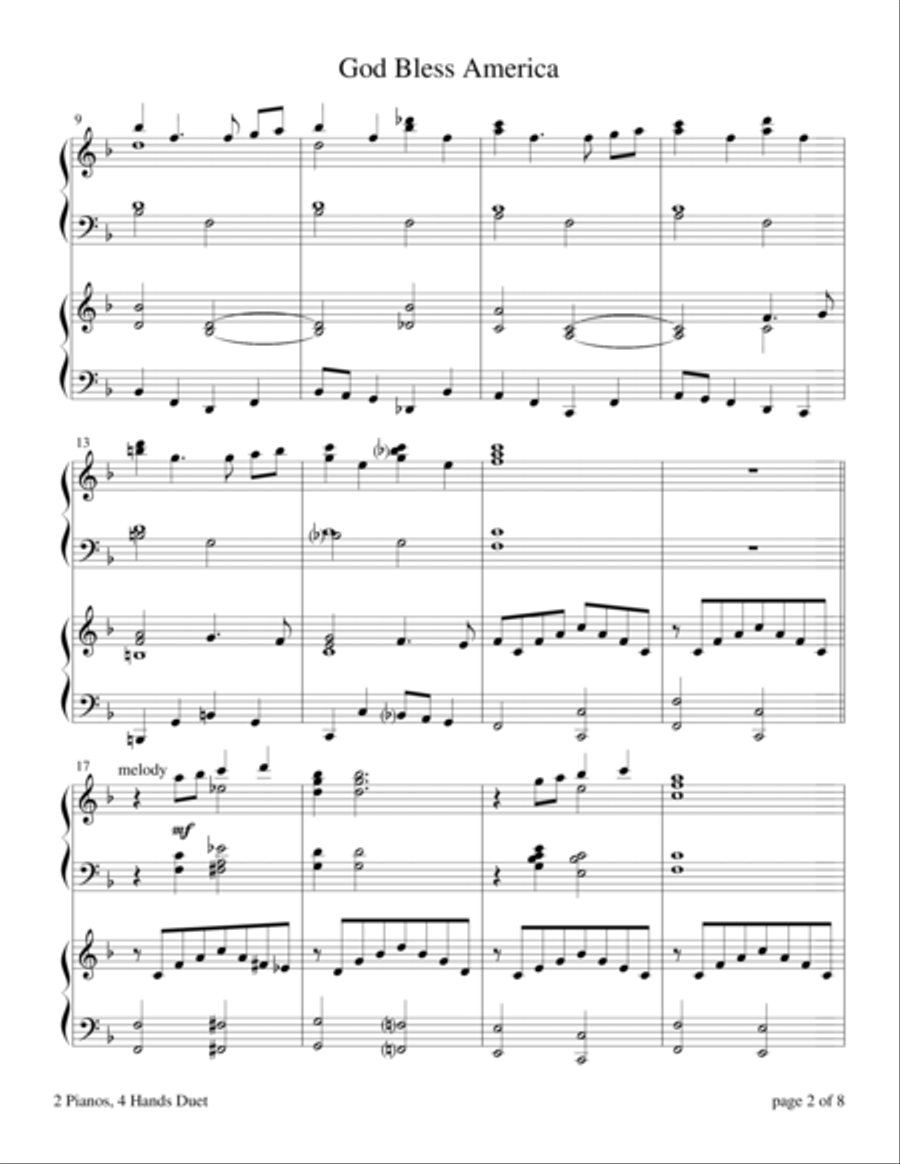 God Bless America 2 Pianos, 4-Hands scores gallery preview page 3