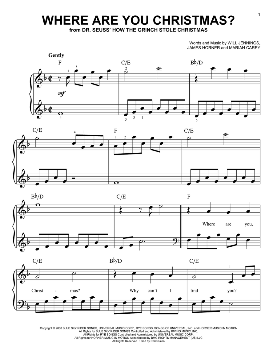 Where Are You Christmas? (from How The Grinch Stole Christmas) Easy Piano scores gallery preview page 1
