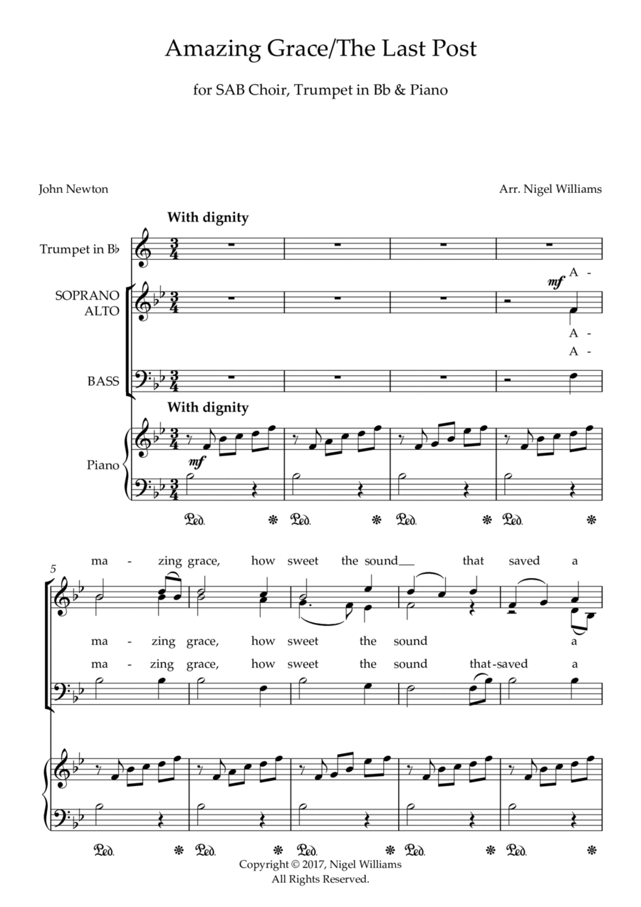 Amazing Grace, with The Last Post, for SAB choir, piano, trumpet in Bb 3-Part scores gallery preview page 1