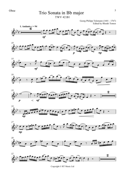 Telemann Trio Sonata in Bb major TWV42:B1. Trumpet (oboe) parts.