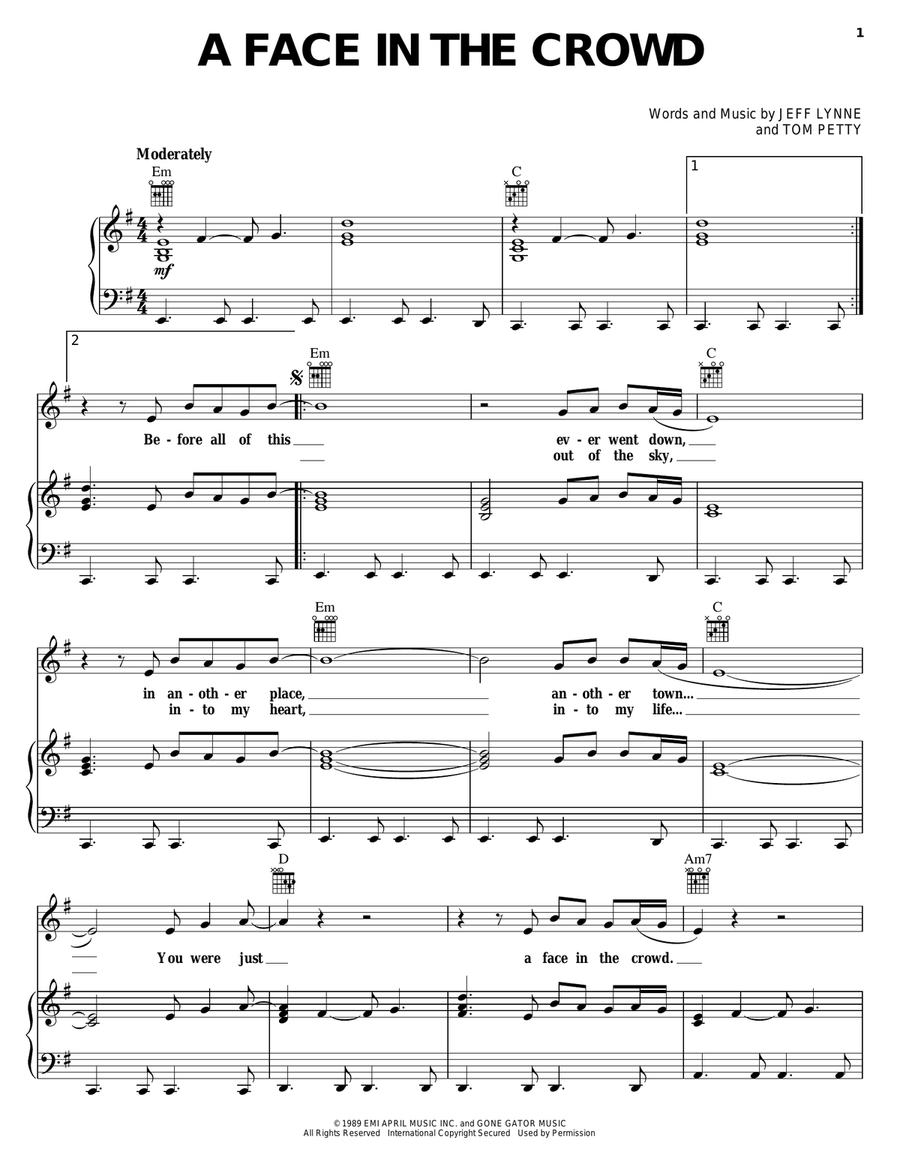 A Face In The Crowd Piano, Vocal, Guitar scores gallery preview page 1