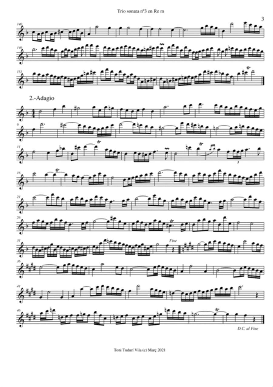 Trio sonata nº3 in D minor for flute, violin & cello or 2 violins & cello and basso continuo (PARTS Small Ensemble scores gallery preview page 3