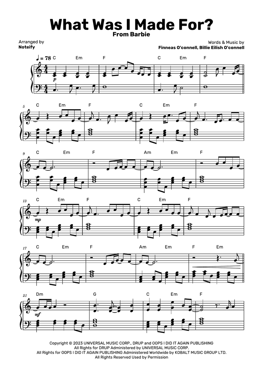 What Was I Made For? Piano Solo scores gallery preview page 1