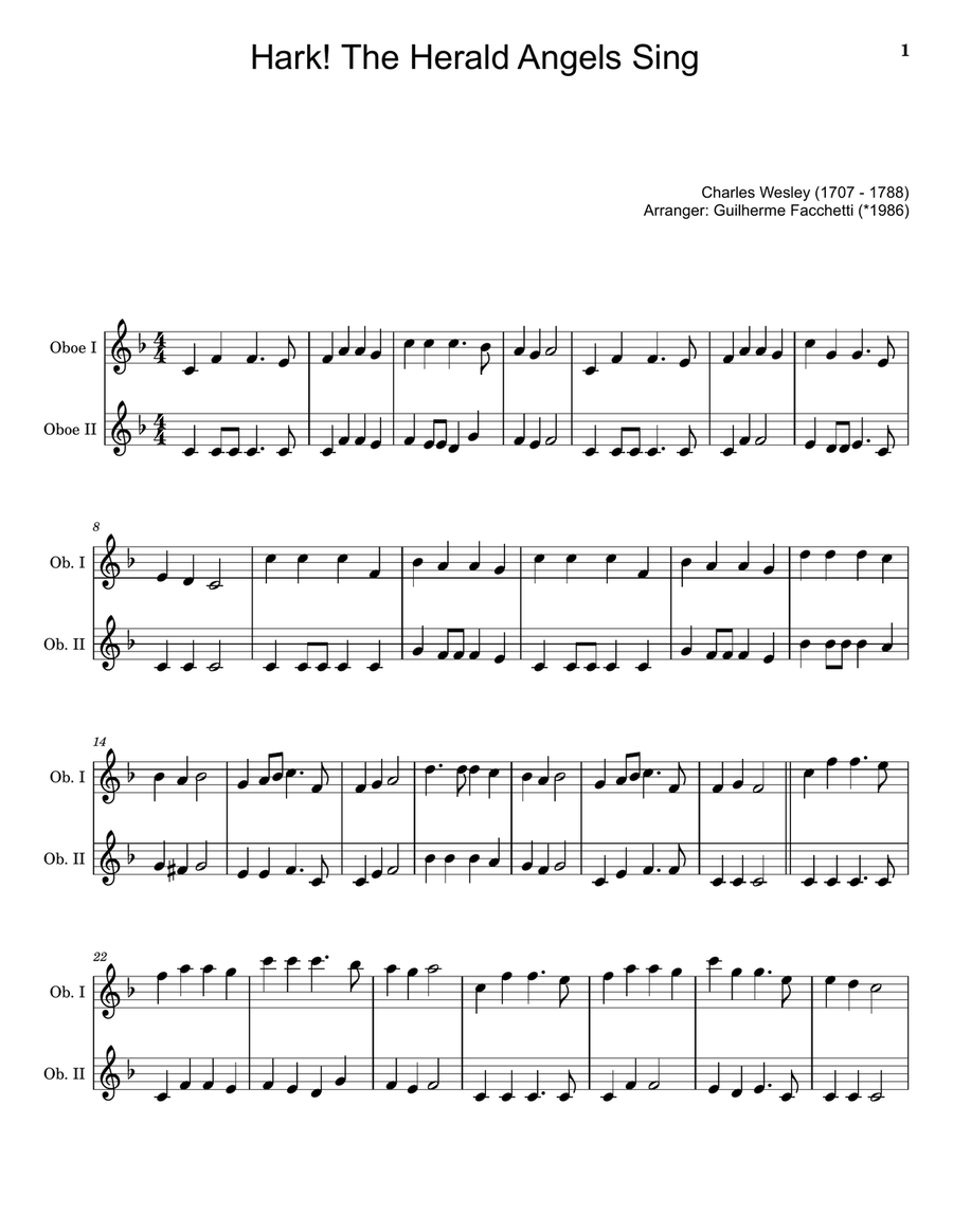 Hark! The Herald Angels Sing - Arranged for Oboe Duet. Woodwind Duet scores gallery preview page 1