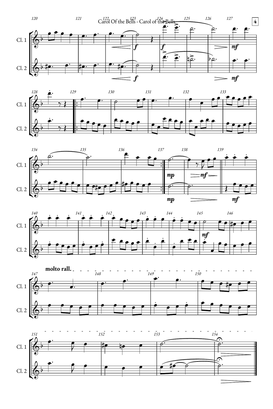 Carol of the Bells Clarinet Duet scores gallery preview page 4