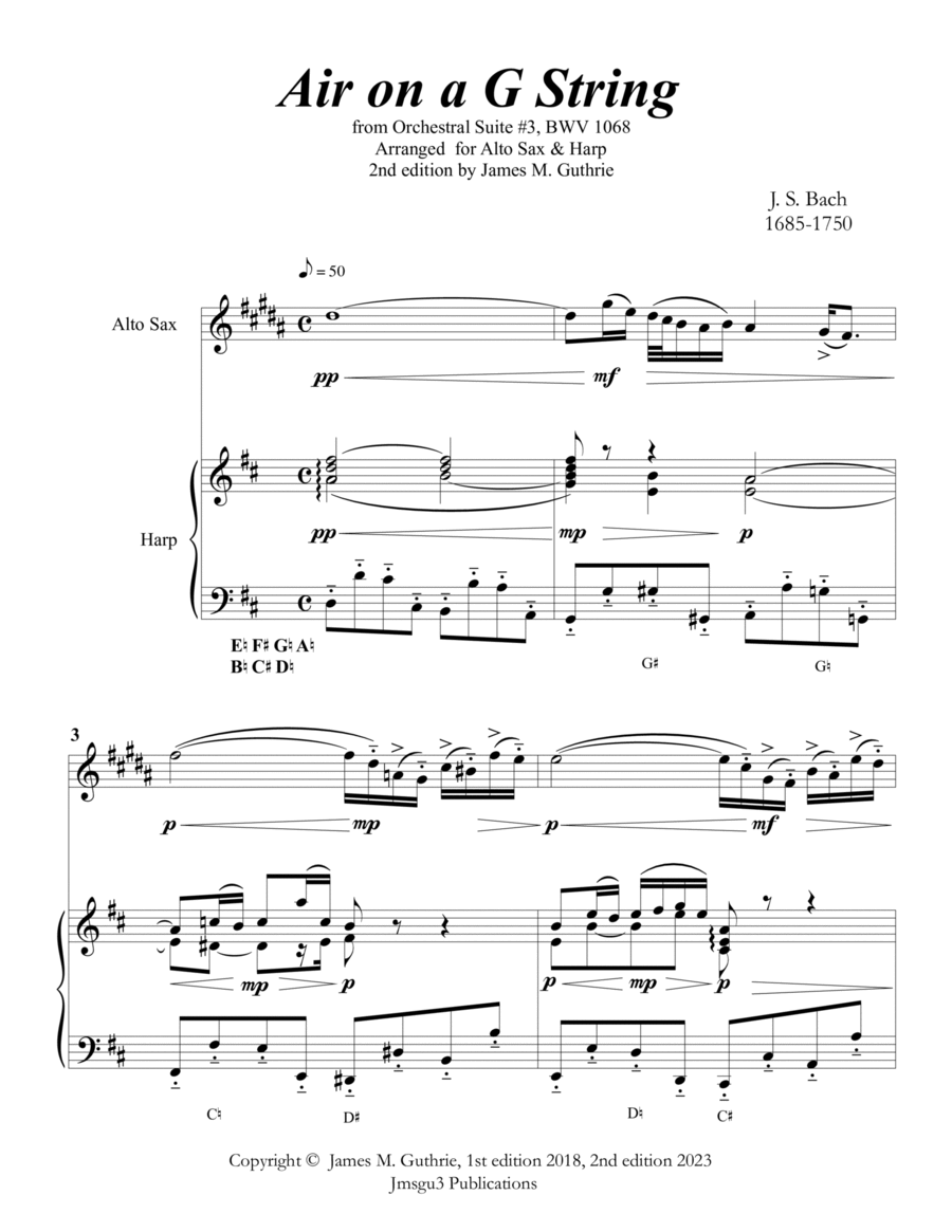 Bach: Air on a G String for Alto Sax & Harp Chamber Music scores gallery preview page 1