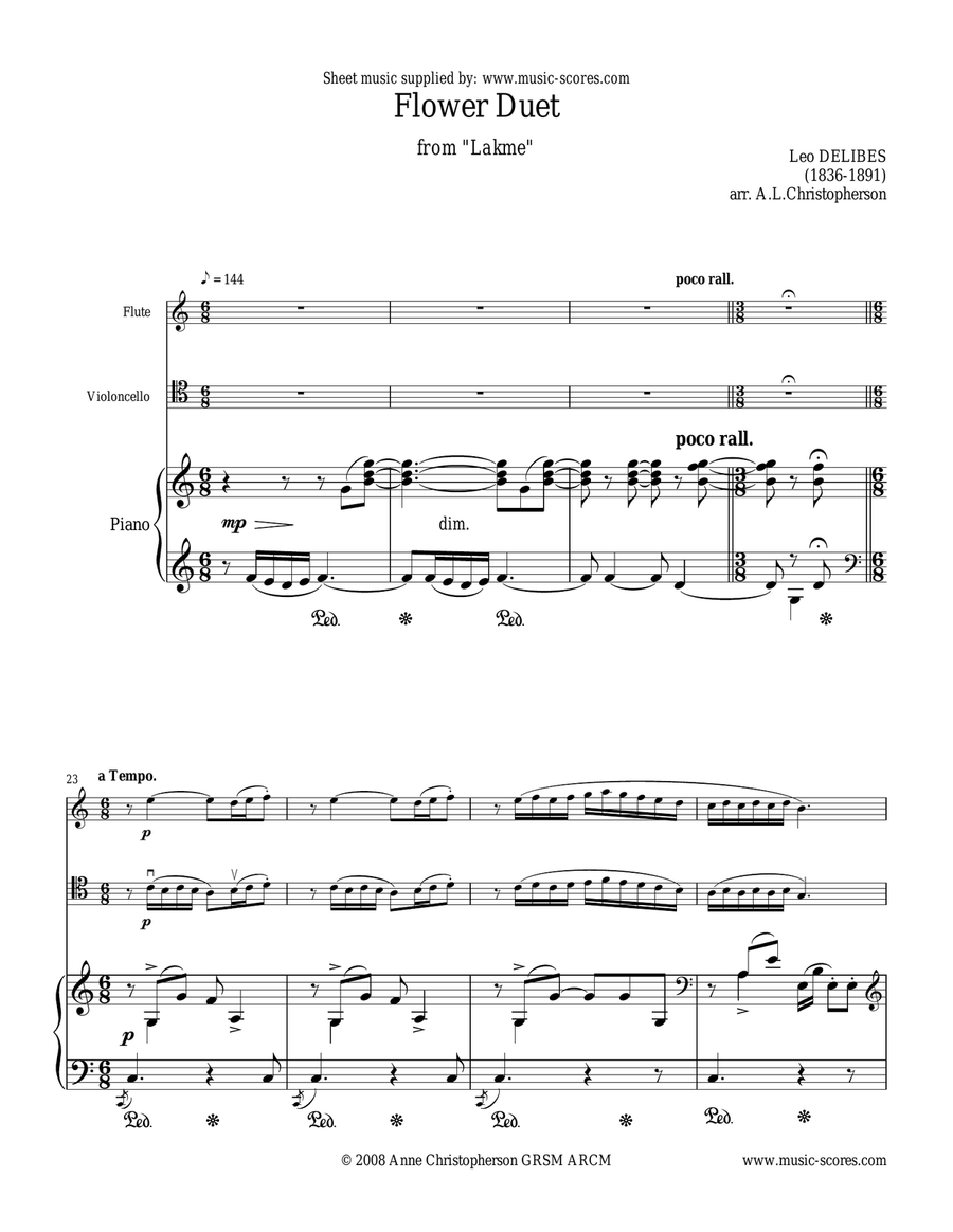 Flower Duet from Lakme - Flute, Cello and Piano Flute scores gallery preview page 1