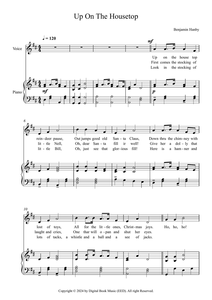 Up On The Housetop - Benjamin Hanby (Voice + Piano) with Lyrics Voice scores gallery preview page 1