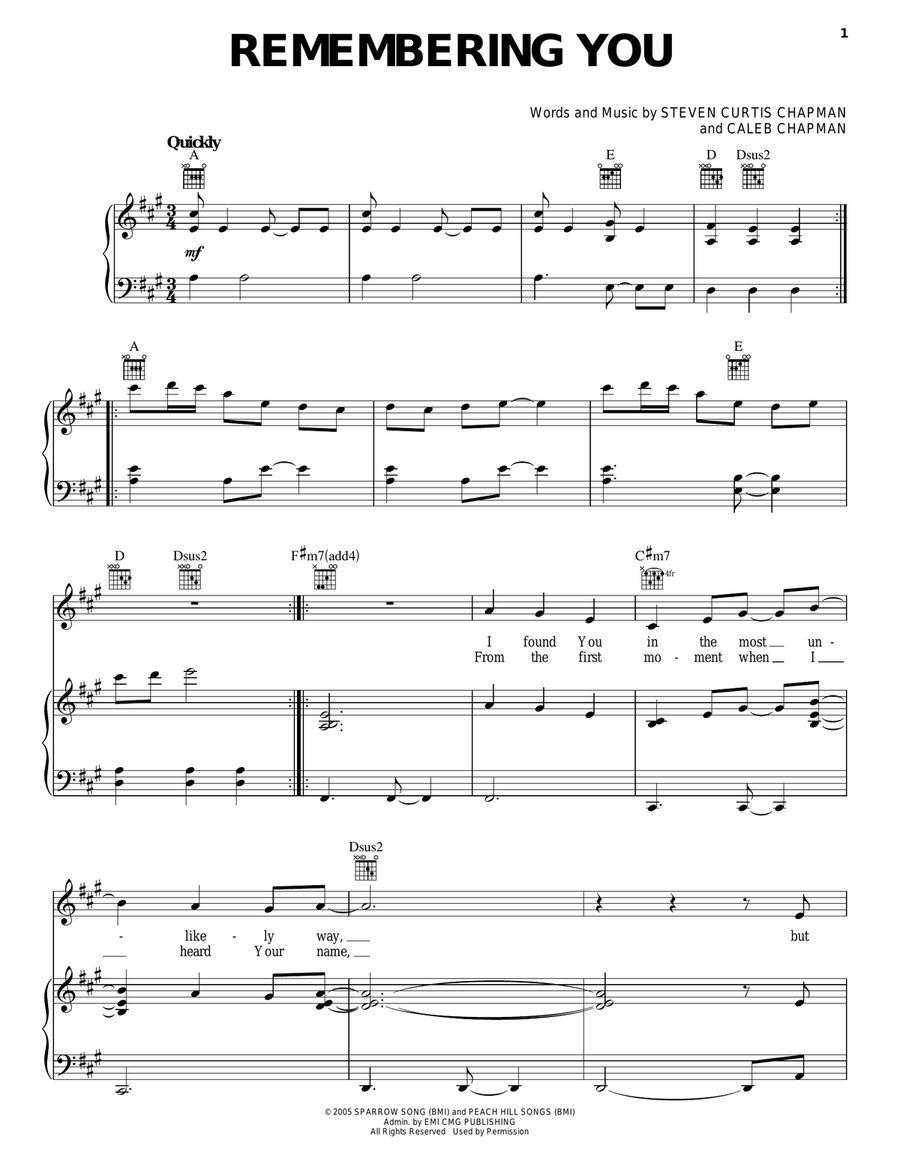 Remembering You Piano, Vocal, Guitar scores gallery preview page 1