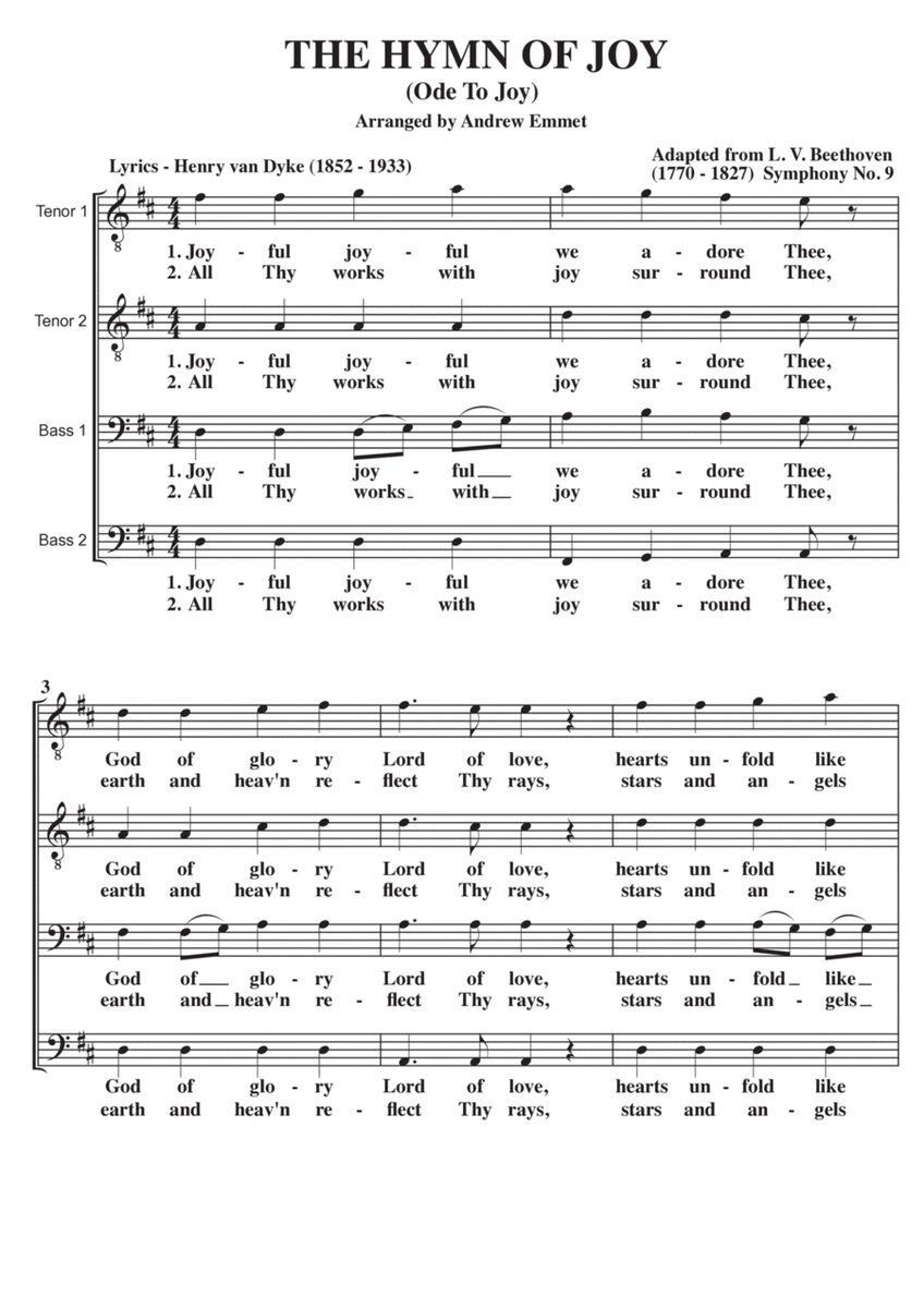 Ode To Joy (The Hymn Of Joy) A Cappella TTBB image number null