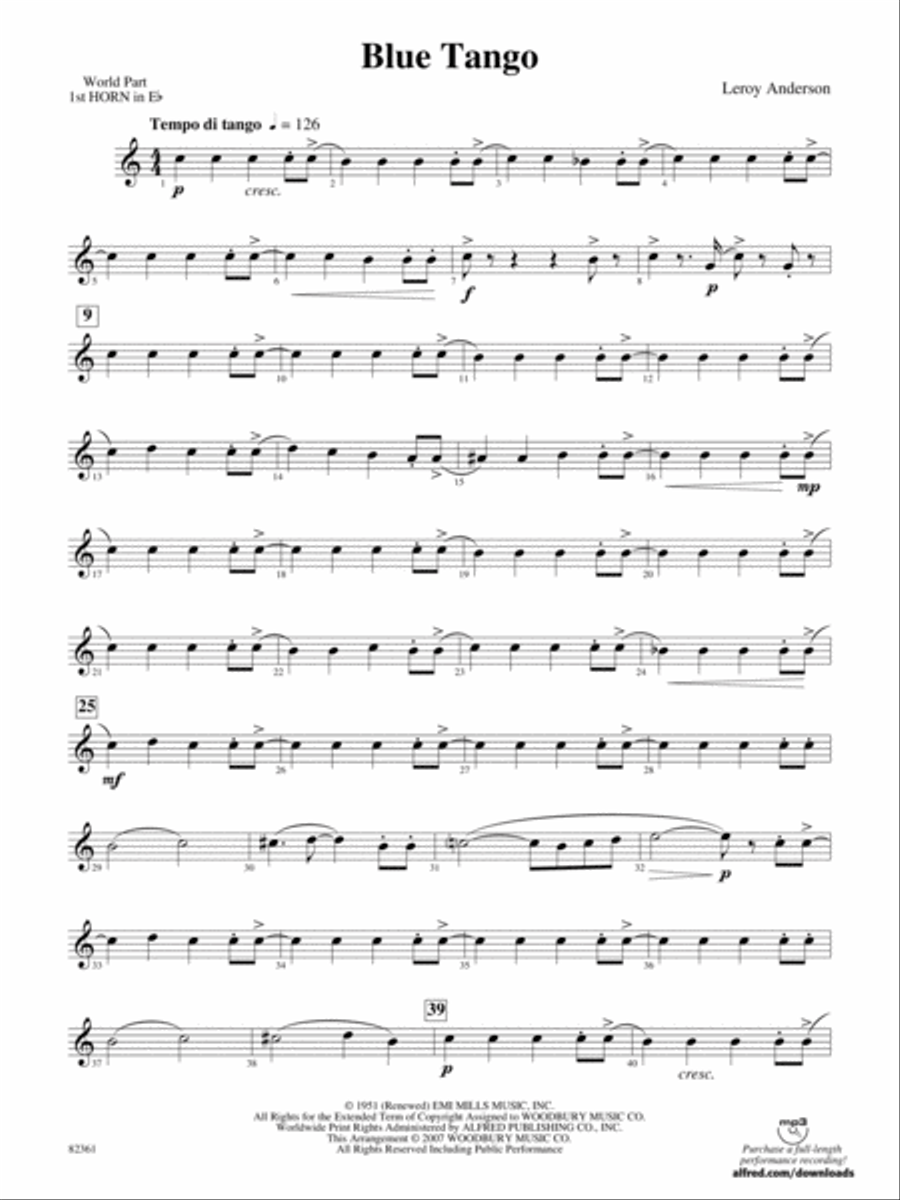 Blue Tango: (World Part) 1st Horn in E-flat Concert Band scores gallery preview page 1