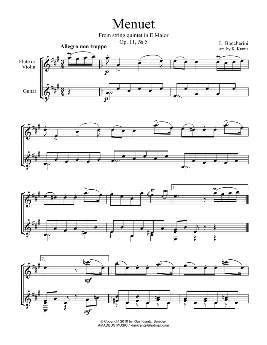 Menuet by Boccherini for violin or flute and easy guitar Flute scores gallery preview page 2