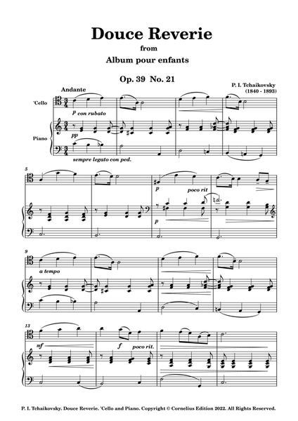 Tchaikovsky Opus 39 No. 21 Sweet Dreams Douce Reverie 'Cello and Piano image number null