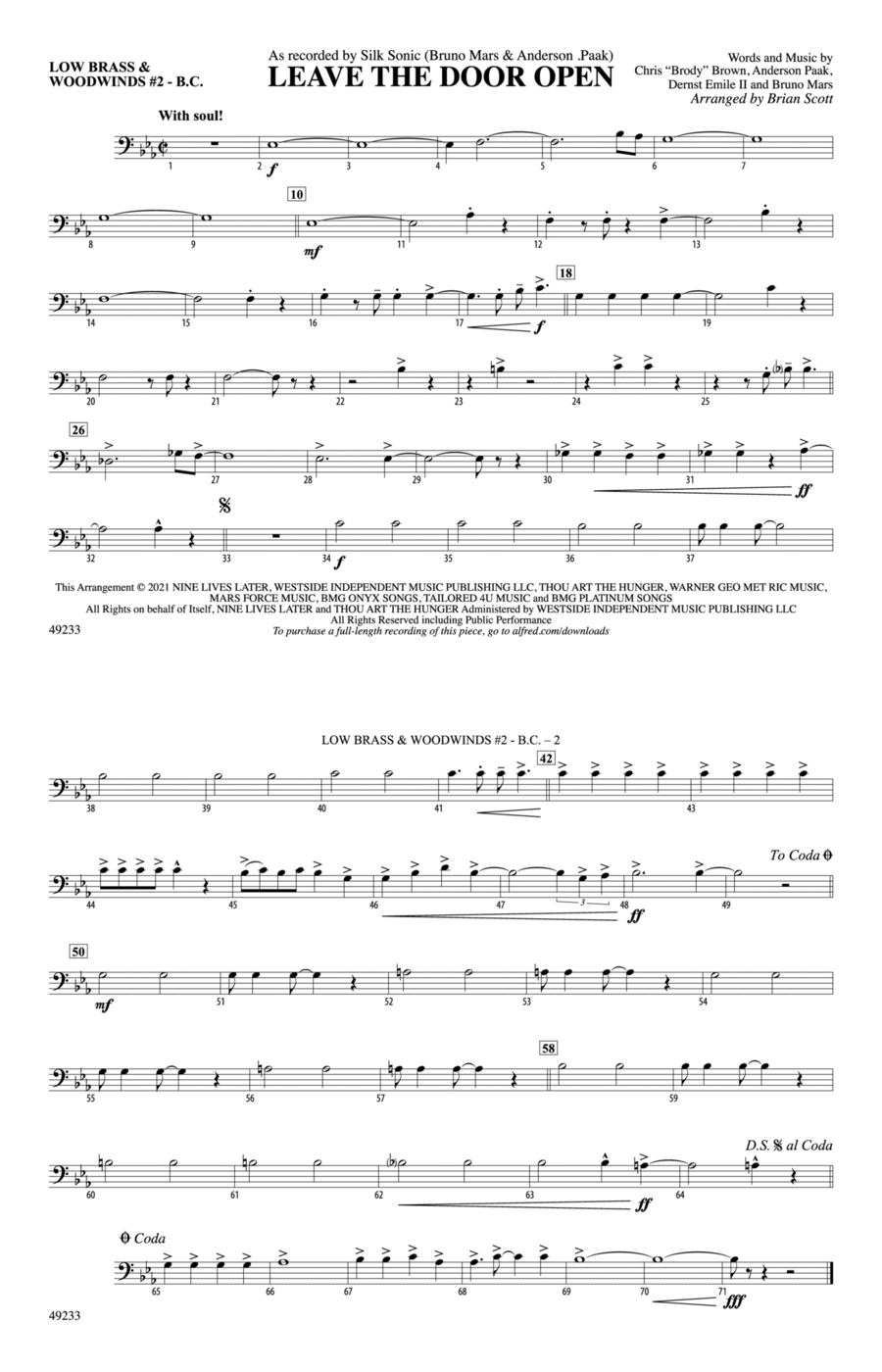 Leave the Door Open: Low Brass & Woodwinds #2 - Bass Clef Marching Band scores gallery preview page 1