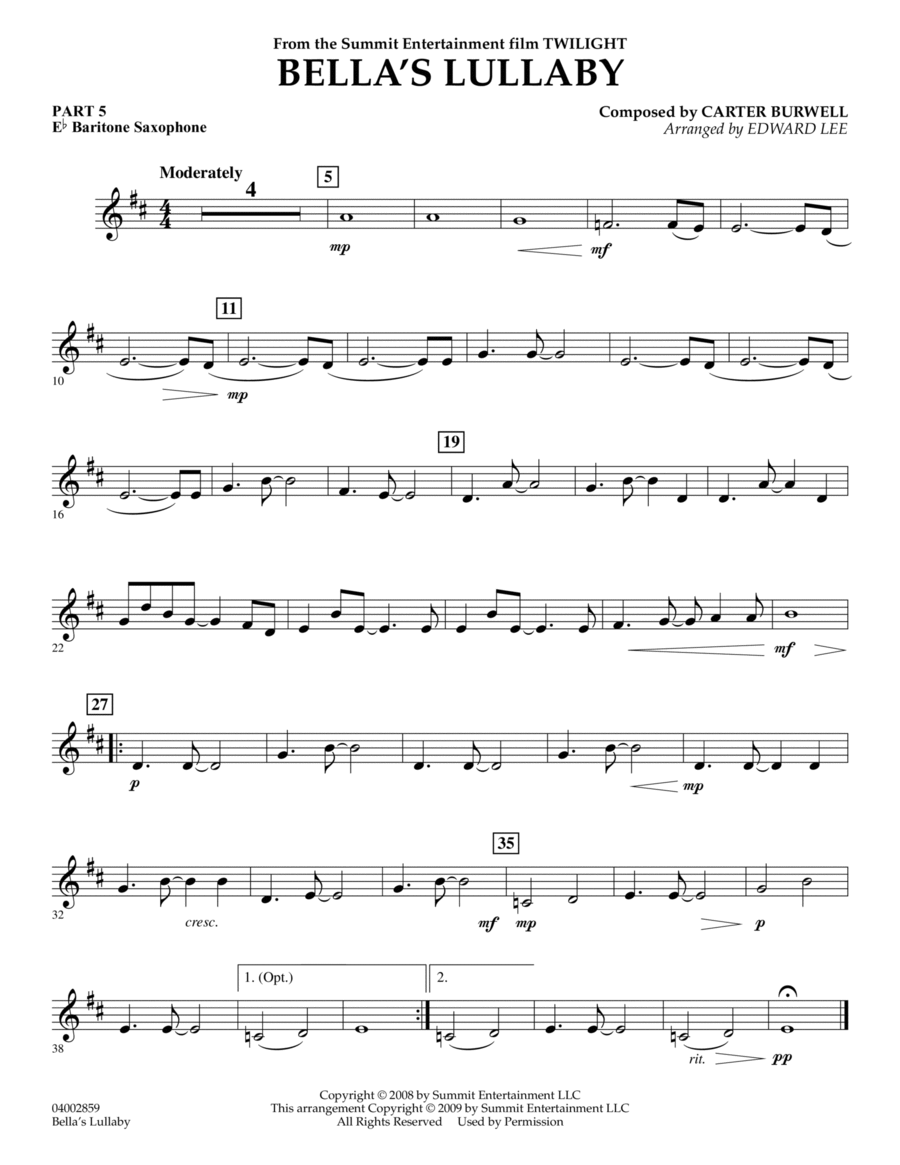 Bella's Lullaby (from "Twilight") - Pt.5 - Eb Baritone Saxophone