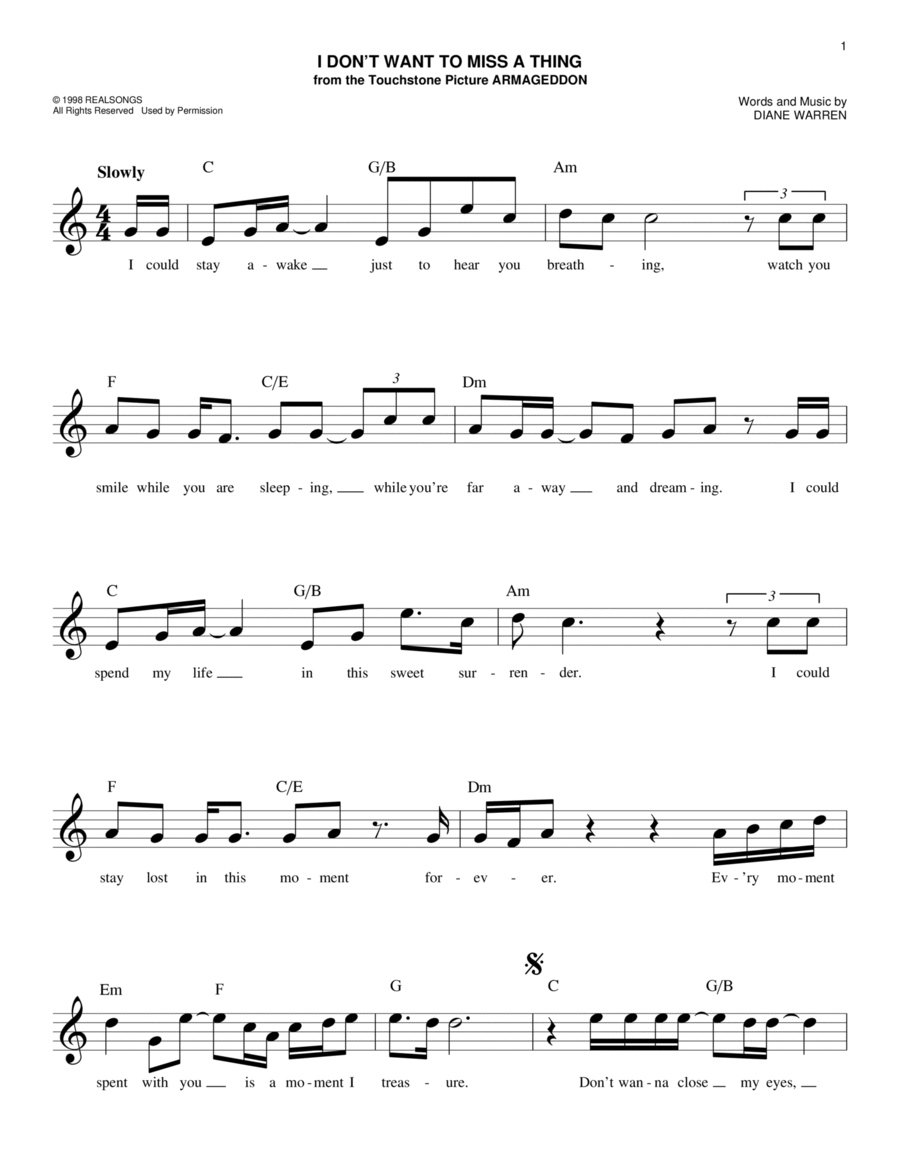 I Don't Want To Miss A Thing Piano scores gallery preview page 1