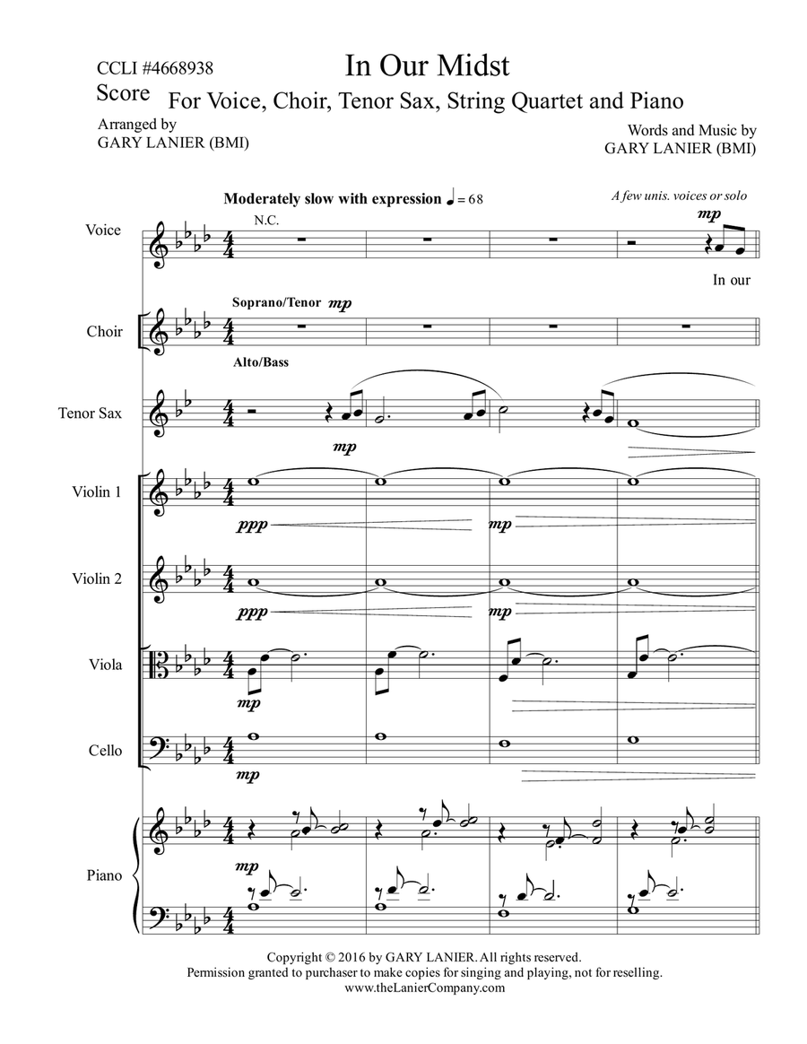Gary Lanier: IN OUR MIDST (Worship - For Voice, Choir, Tenor Sax, String Quartet and Piano with Part Choir scores gallery preview page 2