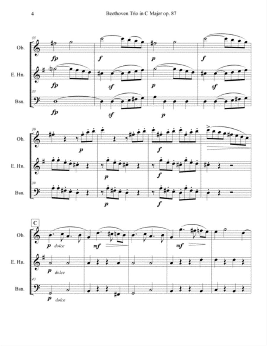 Allegro (mvt. 1) from Beethoven Trio in C Major, Op. 87, for Oboe, English horn, and Bassoon Woodwind Trio scores gallery preview page 6