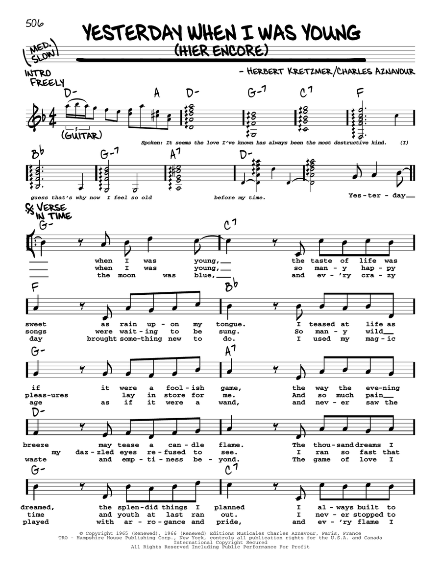 Yesterday, When I Was Young (Hier Encore) Voice scores gallery preview page 1