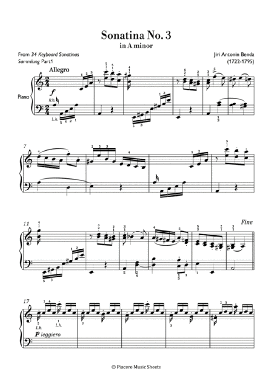 Benda - Sonatina No. 3 in A minor - Intermediate Piano Method scores gallery preview page 2