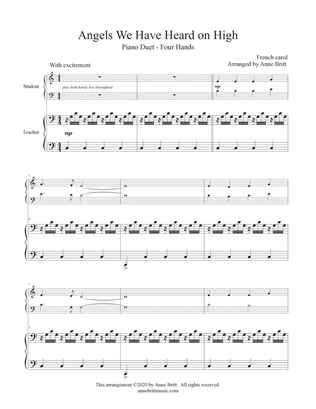 Angels We Have Heard on High (late elementary student/teacher piano duet, key of C)