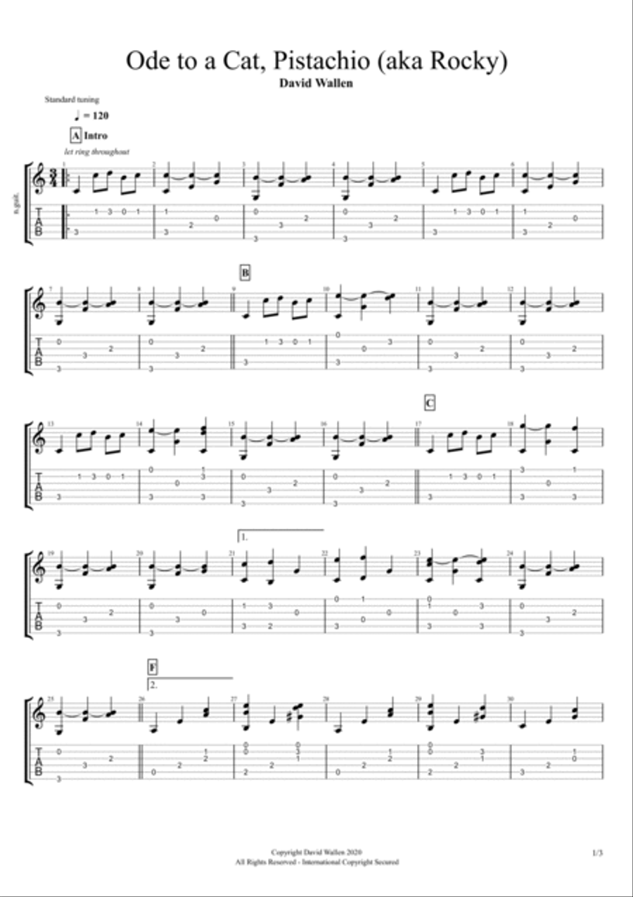 Ode To A Cat, Pistachio (aka Rocky) Classical Guitar scores gallery preview page 1